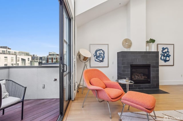 239 8th St Unit 14, San Francisco, CA 94103 - living area featuring wood finished floors, a tiled fireplace, and high vaulted ceiling