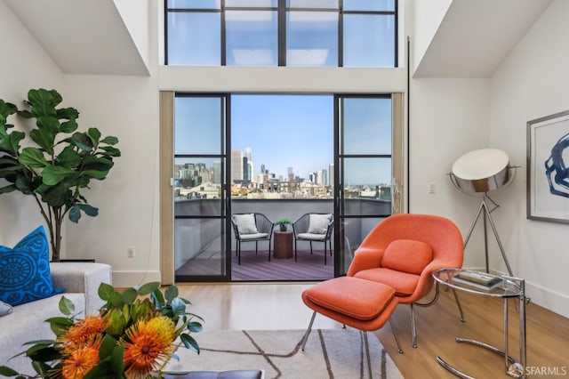 239 8th St Unit 14, San Francisco, CA 94103 - living area featuring a view of skyline, wood finished floors, baseboards, plenty of natural light, and a towering ceiling