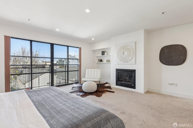239 8th St Unit 14, San Francisco, CA 94103 - bedroom featuring a glass covered fireplace, carpet, recessed lighting, and baseboards