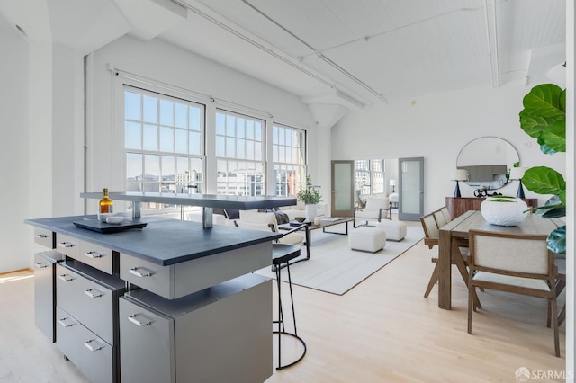 151 Alice B Toklas Pl Unit 610, San Francisco, CA 94109 - kitchen with light wood-style floors, dark countertops, a kitchen bar, and open floor plan