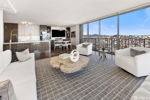 living room featuring sink, expansive windows, and wood-type flooring