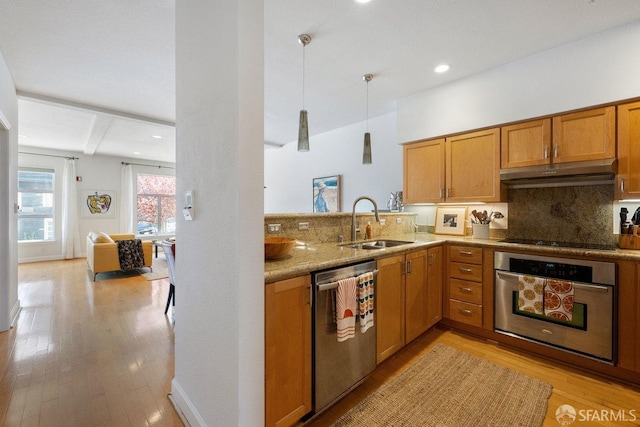 364 Arkansas St, San Francisco, CA 94107 - kitchen with stainless steel appliances, a sink, light wood-type flooring, decorative backsplash, and under cabinet range hood