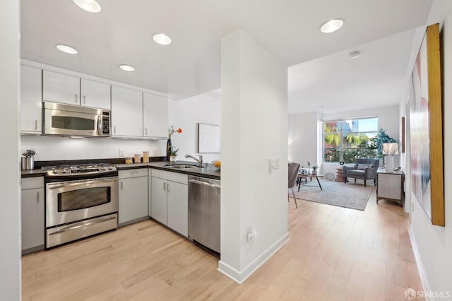 kitchen with sink, white cabinets, light hardwood / wood-style flooring, and appliances with stainless steel finishes