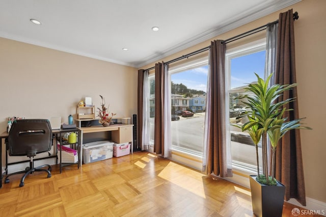 67 Castillejo Dr, Daly City, CA 94015 - home office featuring crown molding and recessed lighting