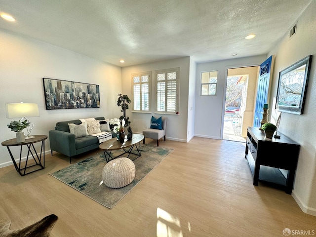 living room featuring light hardwood / wood-style floors and a textured ceiling