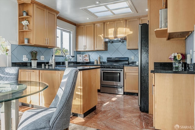 kitchen featuring gas stove, dark countertops, ventilation hood, and open shelves