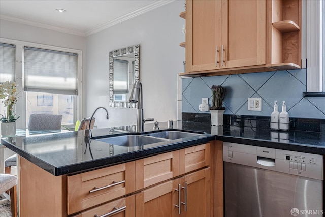 kitchen with ornamental molding, open shelves, stainless steel dishwasher, and a sink