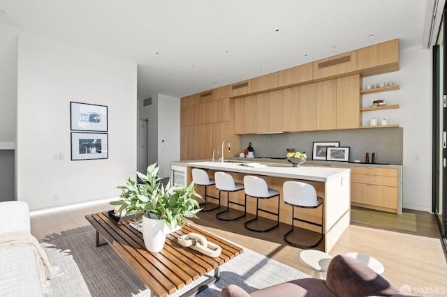 living room featuring light wood-type flooring and sink