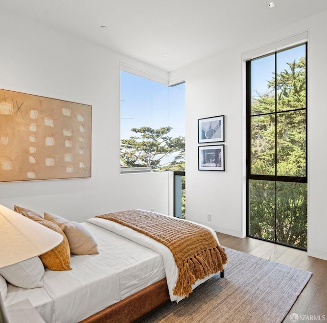 bedroom with light hardwood / wood-style floors and multiple windows