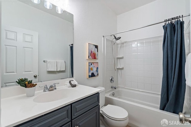 full bathroom featuring toilet, shower / bathtub combination with curtain, and vanity