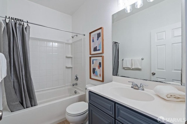 bathroom with shower / bath combo with shower curtain, toilet, and vanity