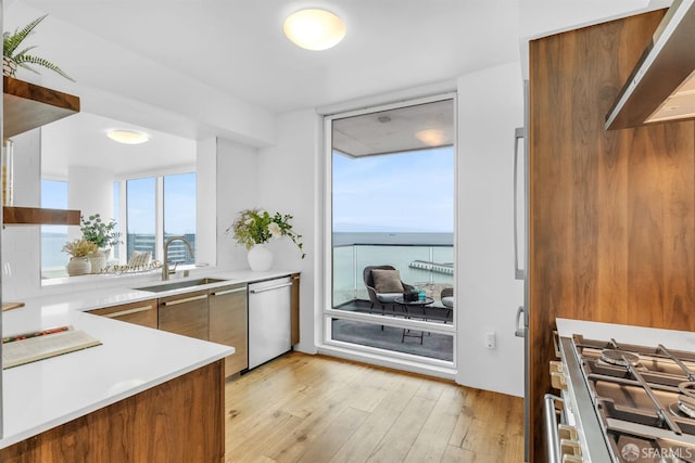 425 1st St Unit 1902, San Francisco, CA 94105 - kitchen featuring stainless steel appliances, modern cabinets, light wood-type flooring, light countertops, and exhaust hood