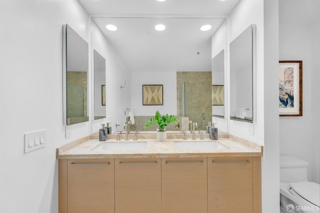 425 1st St Unit 1902, San Francisco, CA 94105 - bathroom with double vanity, a stall shower, and recessed lighting