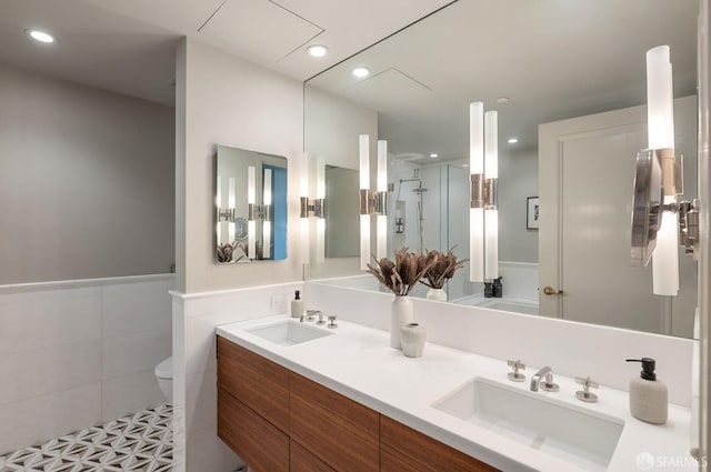765 Market St Unit 32H, San Francisco, CA 94103 - full bath featuring double vanity, a sink, toilet, and a shower stall