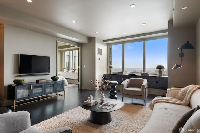 765 Market St Unit 32H, San Francisco, CA 94103 - living area featuring recessed lighting, dark wood-style flooring, baseboards, and visible vents