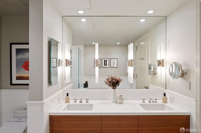 765 Market St Unit 32H, San Francisco, CA 94103 - bathroom with a sink, recessed lighting, toilet, and double vanity