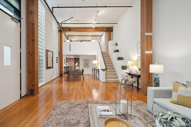 living room featuring plenty of natural light, a towering ceiling, and light hardwood / wood-style floors