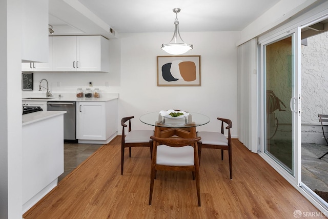 dining room featuring sink and hardwood / wood-style flooring