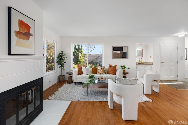 living room featuring a tiled fireplace and light wood-type flooring