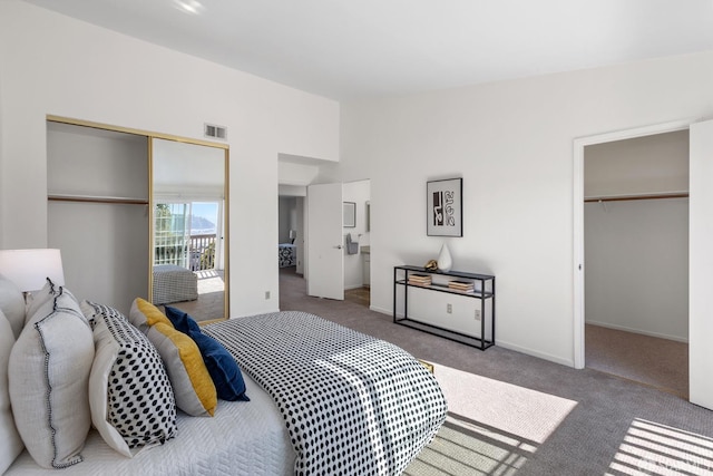 carpeted bedroom with a spacious closet and a closet