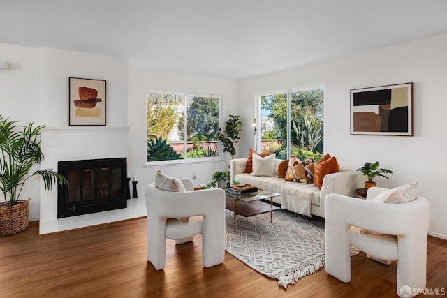 living room featuring dark hardwood / wood-style floors and a tiled fireplace