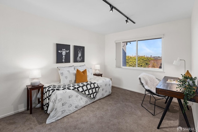 bedroom featuring carpet and track lighting