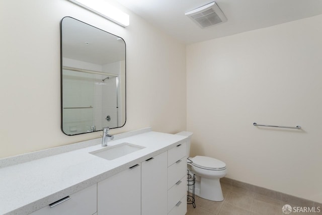 full bath with a shower with door, visible vents, toilet, vanity, and tile patterned flooring