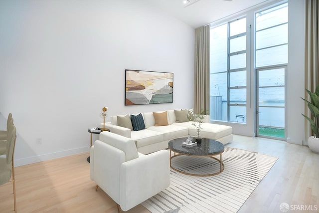 living room featuring baseboards, a wall of windows, light wood-type flooring, and a healthy amount of sunlight