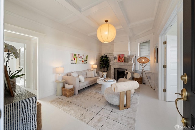 137 Edna St, San Francisco, CA 94112 - living area with coffered ceiling, a stone fireplace, and beamed ceiling