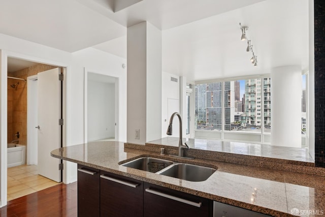 425 1st St Unit 1307, San Francisco, CA 94105 - kitchen with a sink, dark brown cabinets, stone counters, and rail lighting