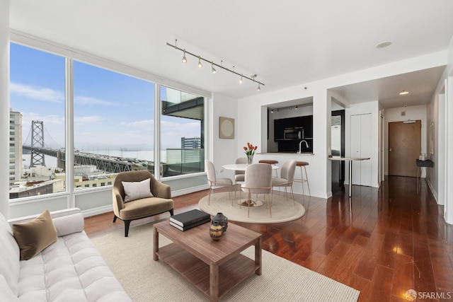 425 1st St Unit 1307, San Francisco, CA 94105 - living room featuring rail lighting, wood finished floors, a water view, and baseboards