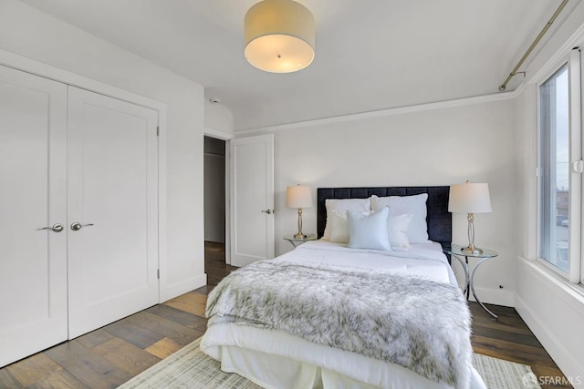 bedroom featuring crown molding, a closet, and dark wood-type flooring