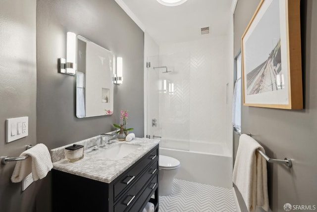 full bathroom featuring shower / tub combination, vanity, and toilet