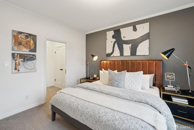 carpeted bedroom featuring ornamental molding