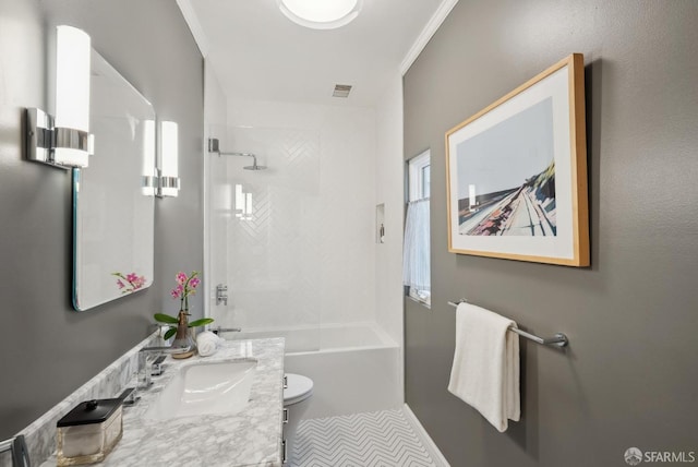 full bathroom featuring crown molding, vanity, toilet, and shower / bathing tub combination