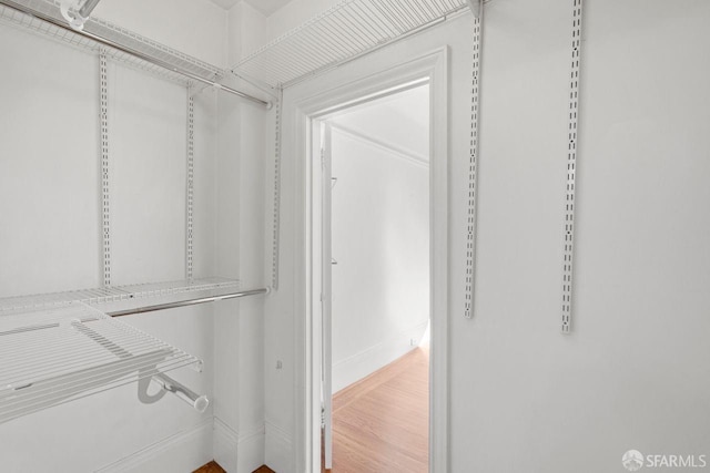 walk in closet with wood finished floors