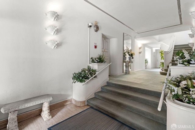 stairs featuring wood finished floors