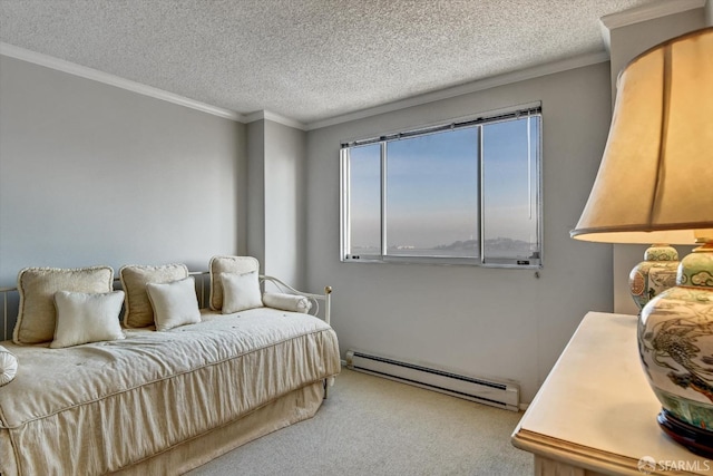 carpeted bedroom with a textured ceiling, baseboard heating, and ornamental molding