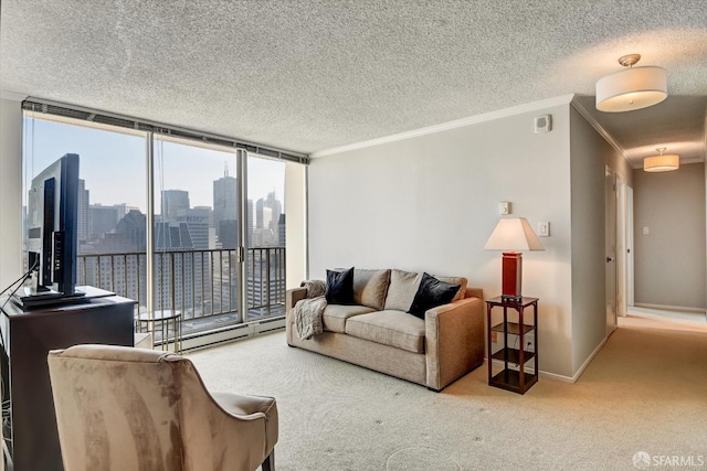 living room featuring a baseboard heating unit, crown molding, expansive windows, and carpet flooring