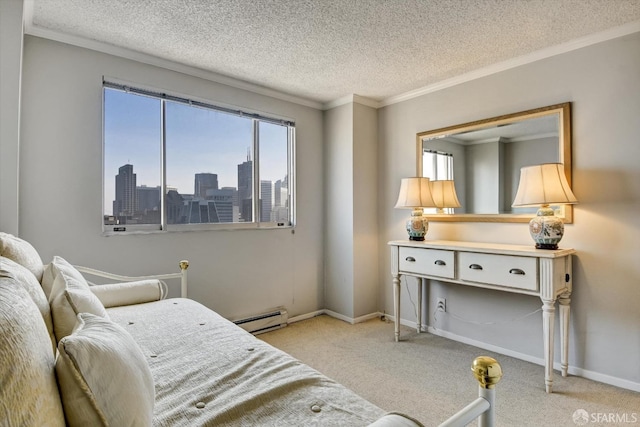 carpeted bedroom with baseboard heating, a textured ceiling, and crown molding