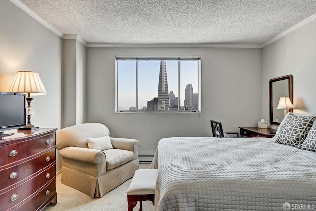 carpeted bedroom featuring a baseboard heating unit, a textured ceiling, and crown molding