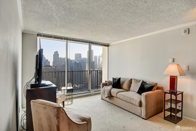 living room featuring carpet floors, plenty of natural light, crown molding, and expansive windows