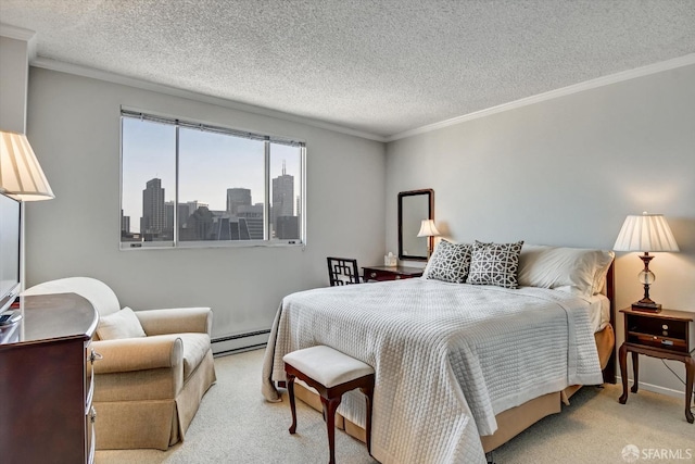 carpeted bedroom featuring a baseboard radiator, a textured ceiling, and crown molding