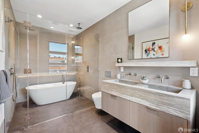 full bathroom with vanity, tile walls, and toilet