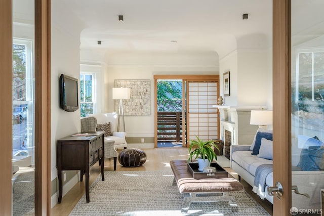 sitting room featuring ornamental molding, wood-type flooring, and plenty of natural light