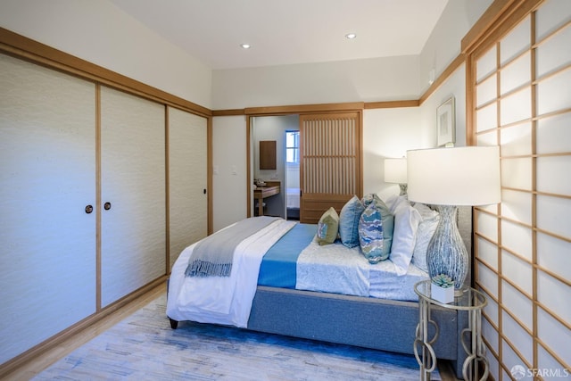 bedroom featuring wood-type flooring and a closet