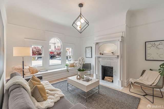 living room with wood finished floors and a premium fireplace