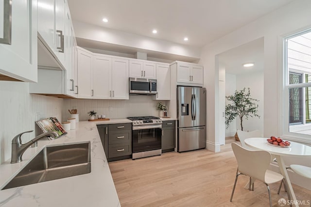 kitchen with light wood-type flooring, stainless steel appliances, backsplash, a sink, and white cabinets
