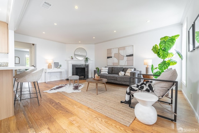819 Brussels St, San Francisco, CA 94134 - living area with light wood-style flooring, a high end fireplace, crown molding, recessed lighting, and baseboards