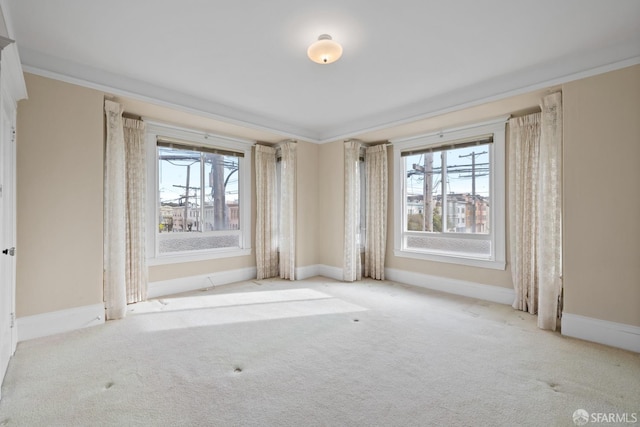 carpeted empty room with plenty of natural light and ornamental molding